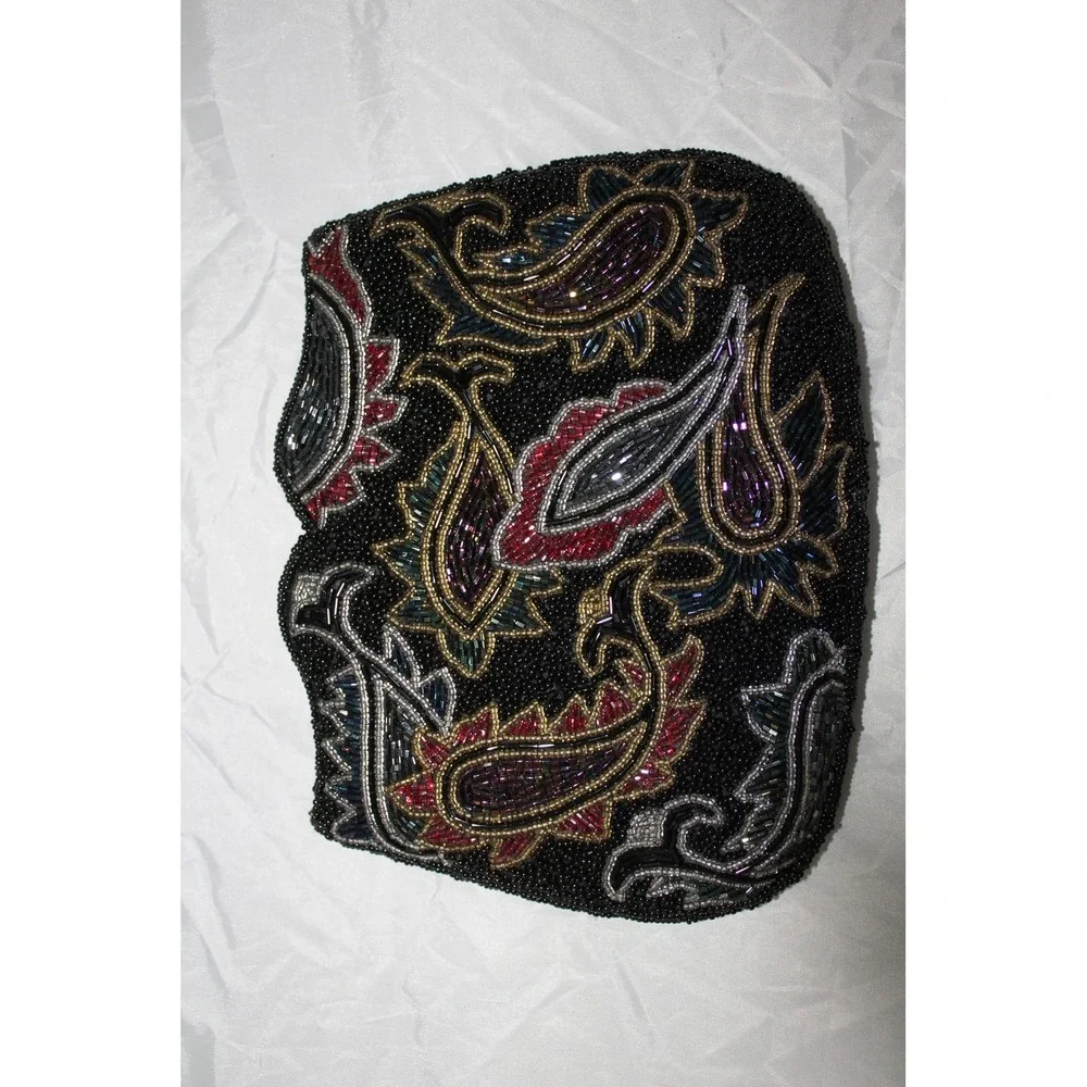 VTG Carolyne Barton Beaded Paisley Clutch Evening‎ Bag Black Red Gold